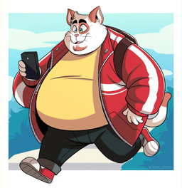 anthro backpack belly big_belly bottomwear cellphone clothing electronics humanoid_hands male overweight overweight_male pants phone shirt smartphone solo topwear walking john_vithor domestic_cat felid feline felis mammal 2022