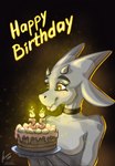 anthro birthday birthday_cake blep cake candle collar dessert ears_back female food gift horn pivoted_ears solo tongue tongue_out stirren kuki kobold scalie hi_res tagme