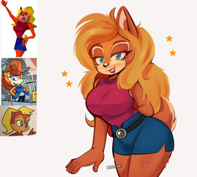 anthro belt big_breasts blonde_hair bottomwear breasts brown_body brown_fur clothing eyebrows eyelashes female fur hair hand_behind_back long_hair shirt shorts simple_background smile solo tan_body tan_fur teal_ears topwear white_background vanyloveart activision crash_bandicoot_(series) sega sonic_the_hedgehog_(series) sally_acorn sally_acorn_(blonde) tawna_bandicoot chipmunk ground_squirrel mammal rodent sciurid 2025 hi_res