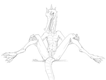 4_toes andromorph anthro claws feet genitals holding_both_legs horn intersex long_legs long_muzzle looking_at_another nails pose sharp_nails sharp_teeth sitting_on_tail slim smile smirk solo spread_legs spreading tail teeth thin_calves toes tongue underbelly vulva bestbake mythology dragon kobold lizard mythological_creature mythological_scalie reptile scalie 4:3 black_and_white hi_res monochrome pinup female_(lore)