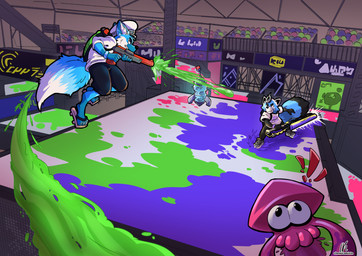 anthro duo fluffy fluffy_tail ink male male/male paws tail chemicalkirin nintendo splatoon ailurid aquatic canid canine cephalopod fox inkling mammal mollusk red_panda absurd_res hi_res
