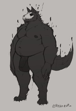 anthro balls belly big_belly black_balls black_nipples bone cheek_tuft empty_eyes facial_tuft flaccid foreskin fur genitals grey_background grey_body grey_fur grey_tail humanoid_genitalia humanoid_penis male male_anthro mouth_closed neck_tuft nipples nude overweight overweight_anthro overweight_male penis simple_background skull skull_head solo standing tail tuft wide_hipped_anthro wide_hipped_male jezzlen caligo_(jezzlen) canid canine mammal full-length_portrait hi_res monochrome portrait