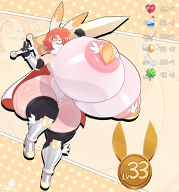 anthro areola boots clothing female footwear gloves hair handwear heart_pupils heart_symbol holding_melee_weapon holding_object holding_sword holding_weapon huge_hips huge_thighs legwear looking_at_viewer melee_weapon mostly_nude one_eye_closed orange_eyes orange_hair pasties pink_areola shoes solo sword text thick_thighs thigh_highs weapon wide_hips coffilatte clare_(themushlord) lagomorph leporid mammal rabbit english_text hi_res