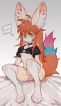 4_fingers 4_toes anthro black_clothing black_shirt black_topwear blue_eyes blush bodily_fluids breasts camel_toe clothing collar ear_tuft ellipsis feet female female_anthro fingers fluffy fluffy_tail footwear fur hair kemono legwear long_hair looking_at_viewer navel orange_hair pattern_clothing pattern_underwear shirt simple_background sitting small_breasts socks solo striped_clothing striped_underwear stripes sweat tail tan_body tan_fur toes topwear translucent translucent_clothing translucent_footwear translucent_socks tuft under_boob underwear fish7163 canid canine fennec_fox fox mammal true_fox hi_res