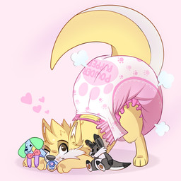 ambiguous_gender anthro big_diaper biped clean_diaper clothed clothing diaper diaper_only diaper_puff front_view fur heart_symbol huge_diaper lying multicolored_body multicolored_fur object_in_mouth on_front pacifier pacifier_in_mouth pink_background plushie raised_tail simple_background solo tail text topless two_tone_body two_tone_fur wearing_diaper white_body white_fur yellow_body yellow_fur jupiters fang29_(character) canid canine hybrid kangaroo macropod mammal marsupial 1:1 2021 english_text hi_res male_(lore)