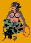 anthro areola blue_areola breasts clothed clothing cowboy female genitals hairy_pussy harness nipples pubes pussy simple_background solo visibly_trans yellow_background videonastyz bovid caprine goat mammal 2024 hi_res intersex_(lore) trans_(lore) trans_man_(lore)