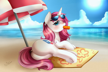 beach big_butt butt cloud day dessert detailed_background female feral food food_fetish horn ice_cream lying on_side on_towel outside seaside sky solo suggestive suggestive_food sun towel pridark hasbro my_little_pony mythology fan_character equid equine mammal mythological_creature mythological_equine unicorn 2016 hi_res signature