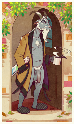 anthro ball_tuft balls beard beverage chest_tuft clothed clothing coffee coffee_mug container cup door doorway elderly elderly_anthro elderly_male eyewear facial_hair flaccid footwear foreskin genitals glasses holding_container holding_cup holding_mug holding_object horn humanoid_genitalia humanoid_penis male male_anthro mug newspaper nipples open_clothing open_robe partially_clothed partially_clothed_anthro partially_clothed_male penis pubes robe robe_only shoes slippers solo standing tuft wearing_glasses guerillasquirrel bovid caprine goat mammal 2024 hi_res