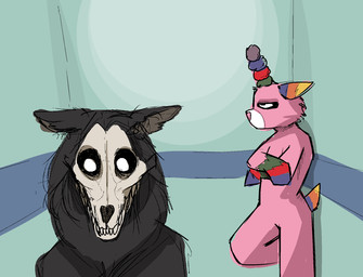 ambiguous_gender black_body black_fur black_hair bone crossed_arms duo elevator fur hair horn looking_down on_one_leg pinata pink_body pink_fur scene_parody scene_reference skull standing keadanger mythology neon_genesis_evangelion scp_foundation scp-1471-a scp-956 animate_inanimate canid canine equid equine living_pinata malo mammal mythological_creature mythological_equine undead unicorn 2019 digital_media_(artwork) hi_res source_request