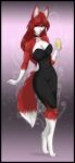 3_toes alcohol anthro barefoot beverage black_clothing black_dress champagne clothing collar digitigrade dress feet female fluffy fluffy_tail fur green_eyes hair red_body red_fur red_hair simple_background solo tail toes arctic-sekai linda_wright hybrid 2009