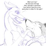 1:1 absorption_vore anthro canid canine canis dialogue duo english_text eye_contact finger_on_chin fox goo_creature goo_transformation lance_foxx_(artist) lancefoxx looking_at_another male male/male male_pred male_prey mammal simple_background sketch text torrle transformation vore white_background wolf