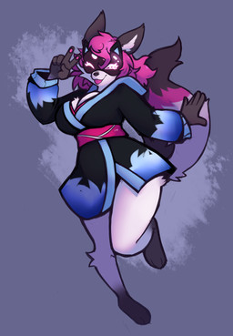 3_toes 5_fingers anthro asian_clothing big_breasts biped blep breasts cleavage clothed clothed_anthro clothed_female clothing east_asian_clothing expressive_mask feet female fingers fur gesture grey_background hair hand_gesture japanese_clothing mask obi one_eye_closed pink_hair simple_background smile solo tail toes tongue tongue_out v_sign white_body white_fur yukata mewgle youkai_(mewgle) canid canine fox mammal 2025 digital_drawing_(artwork) digital_media_(artwork) hi_res