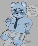 anthro black_nose blue_body bulge clothed clothing detailed_bulge dialogue erection erection_under_clothing genital_outline male moobs necktie penis_outline sideways-pointing_bulge slightly_chubby smoking solo text underwear makaiika unicorn_wars azulin's_father bear mammal 2023 spanish_text translated