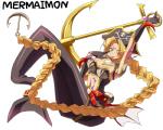 anchor blonde_hair blue_eyes breasts cleavage clothed clothing female gloves hair handwear looking_at_viewer ponytail solo split_form tattoo text tongue tongue_out unknown_artist bandai_namco digimon digimon_(species) marine merfolk mermaimon 5:4 english_text