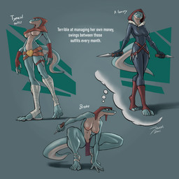 abstract_background anthro bandage bandaged_leg barely_visible_genitalia barely_visible_vulva belt biped boots bottomwear breasts clothed clothing crouching dagger female fingerless_gloves footwear fur_collar genitals gloves handwear hanging_breasts holding_dagger holding_melee_weapon holding_object holding_weapon hood leg_wraps loincloth melee_weapon mostly_nude navel nipples non-mammal_breasts non-mammal_navel non-mammal_nipples plantigrade shoes skimpy solo standing tail text thought_bubble toeless_boots toeless_footwear topless under_boob vulva weapon wraps joeyjazz kahalene lizard reptile scalie 1:1 2024 absurd_res digital_media_(artwork) english_text hi_res multiple_images signature