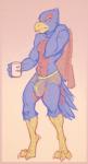 anthro athletic athletic_anthro athletic_male beak briefs bulge chest_fuzz chest_tuft clothed clothing coffee_mug container cup digitigrade frown holding_container holding_cup holding_object male navel simple_background solo text tight_clothing topless towel tuft underwear sethpup nintendo star_fox falco_lombardi avian bird english_text full-length_portrait hi_res portrait sketch