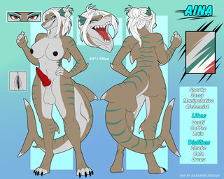 anthro balls black_nipples breasts genitals hair herm intersex knot knotted_penis multicolored_body nipples penis red_eyes solo stripes tan_body two_tone_body vulva white_hair darkpawstudios yoko_darkpaw aina_dagurmawth aquatic fish shark 5:4 absurd_res hi_res model_sheet