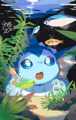 3_toes acting_like_a_cat ambiguous_feral ambiguous_gender aquarium beady_eyes blue_body blue_sclera ear_fins feet feral fin frill_(anatomy) glistening glistening_eyes green_body group head_fin kemono larger_ambiguous larger_feral looking_at_another neck_frill open_mouth orange_body pawpads pink_body pink_pawpads plant size_difference smaller_ambiguous smaller_feral solo_focus standing toes tongue underwater vivarium water white_body white_eyes watashigu nintendo pokemon aquatic eeveelution fish generation_1_pokemon mammal pokemon_(species) vaporeon absurd_res colored digital_media_(artwork) hi_res shaded signature