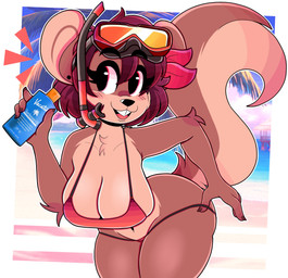 anthro big_breasts bikini bikini_thong bikini_top blush breasts buckteeth cheek_tuft clothing clothing_pull countershade_face countershade_tail countershade_torso countershading ear_piercing eyebrow_through_hair eyebrows eyewear facial_tuft female goggles hair piercing snorkel solo squirrel_tail sunscreen swimwear tail teeth translucent translucent_hair tuft two-piece_swimsuit wireless_shiba shelly_bélier mammal rodent sciurid tree_squirrel absurd_res hi_res