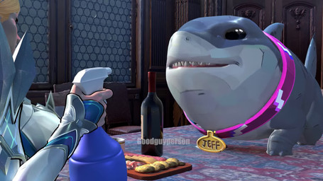alcohol beverage black_eyes blonde_hair blue_body blue_choker blue_fingernails blue_jewelry blue_lips blue_lipstick blue_nails blue_necklace blue_skin breasts castle challenge challenging charcuterie_board choker cleavage clothed clothing collar collar_tag colored_nails dialogue diamond_(gem) diamonds_(suit) dinner_table ear_piercing ear_ring eyelashes female feral finger_on_the_trigger fingernails gem grey_body grey_skin hair jewelry lips lipstick long_eyelashes makeup male nails necklace piercing pink_collar recoiling ring_piercing scared shark_tail shark_teeth sharp_teeth spray_bottle squirt_(sound_effect) squirt_bottle standoff suit_symbol teeth water wine wine_bottle burialgoods goodguyperson marvel marvel_rivals x-men emma_frost jeff_the_land_shark aquatic fish fish_taur human mammal shark shark_taur 16:9 3d_(artwork) 3d_animation animated digital_media_(artwork) hi_res short_playtime sound video voice_acted widescreen