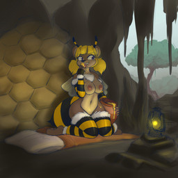 anthro breasts brown_body brown_fur clothing female fur genitals gloves handwear hive lamp lantern legwear nipples pattern_clothing pattern_legwear pattern_stockings solo stockings striped_clothing striped_legwear striped_stockings stripes vulva tgwonder bear hybrid mammal 1:1 hi_res