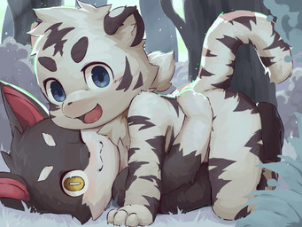 anthro black_body black_fur black_nose blue_eyes cheek_tuft chest_tuft countershading cute_fangs duo facial_tuft fangs fur grass kemono leucistic looking_at_viewer lying male male/male nude on_back one_eye_closed open_mouth outside plant shota snow straddling striped_body striped_fur stripes suggestive teeth tongue tree tuft white_body white_fur wood yellow_eyes young young_anthro young_male young_on_young moki_(artist) domestic_cat felid feline felis mammal pantherine tiger 2017 4:3 hi_res