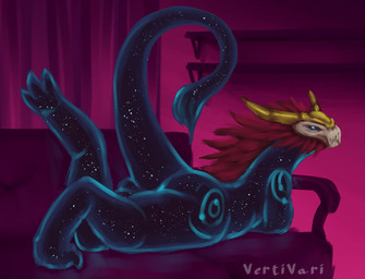 anthro big_butt blue_body bone butt crown crown_only facial_hair fur glowing headgear headgear_only inside looking_at_viewer looking_back looking_back_at_viewer lounging male mane pose raised_tail red_body red_fur sideburns skull skull_head solo tail tail_tuft tuft wide_hips vertivari league_of_legends mythology riot_games tencent aurelion_sol_(lol) celestial_dragon dragon mythological_creature mythological_scalie scalie hi_res pinup