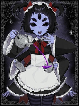 5_eyes 5_fingers 6_arms anthro apron black_clothing black_dress black_hair black_nails breasts clothing colored_nails container cup dress fangs female fingers hair holding_container holding_cup holding_object holding_plate holding_tea_cup holding_teapot legwear maid_headdress maid_uniform medium_hair multi_arm multi_eye multi_limb nails open_mouth pattern_clothing pattern_legwear pigtails plate purple_body purple_skin red_ribbon small_breasts solo striped_clothing striped_legwear stripes tea_cup teapot teeth uniform white_apron white_clothing vickie21579 undertale undertale_(series) muffet arachnid arthropod spider hi_res portrait three-quarter_portrait