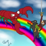 ambiguous_gender derp_eyes dream feral group hair knight male melee_weapon rainbow rainbow_arch red_eyes red_hair sword warrior weapon why in_abyss raye_(in_abyss) arthropod bovid caprine crustacean decapoda domestic_cat felid feline felis goat human lobster malacostracan mammal marine 1:1 2011 low_res