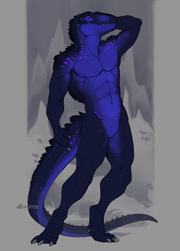 anthro blue_body claws featureless_crotch male male_anthro muscular muscular_anthro muscular_male navel nipples non-mammal_navel non-mammal_nipples purple_eyes solo teeth text adalfyre dinosaur megalosaurid megalosaurus prehistoric_species reptile saurischian scalie theropod 2025 artist_name digital_media_(artwork)