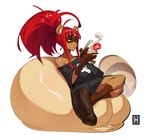 anthro balls big_balls big_breasts big_penis bottomless breasts casual_exposure chopsticks clothed clothing flaccid food genitals gynomorph hair huge_balls huge_breasts huge_penis hyper hyper_balls hyper_genitalia hyper_penis intersex logo noodles penis ponytail red_hair shirt sitting_on_own_balls solo topwear thehelmetguy valerie_(moshi) canid canine mammal raccoon_dog tanuki 2023 artist_logo hi_res signature