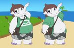 anthro bag beach belly big_belly brown_hair clothed clothing hair looking_aside male navel open_clothing open_shirt open_topwear overweight overweight_anthro overweight_male seaside shirt smile solo tank_top topwear jouigidragon animal_crossing nintendo ryan_(snoozey) elephant elephantid mammal proboscidean hi_res