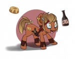 beverage brown_body brown_fur clothing cutie_mark ear_piercing female feral food fur piercing pirate ranged_weapon simple_background slingshot solo tail tail_wraps tongue tongue_out weapon wide_eyed wraps unknown_artist hasbro my_little_pony equid equine horse mammal pony digital_media_(artwork)