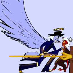 back_wings big_wings blue_eyes blue_hair boots bow_tie clothed clothing crouching duo facial_hair feathered_wings feathers fluffy fluffy_tail footwear grin hair halo hat headgear headwear holding_melee_weapon holding_object holding_polearm holding_spear holding_weapon hooves horn jacket long_tail male melee_weapon mustache polearm purple_body purple_feathers purple_skin shoes size_difference smile spade_tail spear tail topwear unguligrade weapon white_hair wings yellow_eyes foxymoxxie hellaverse helluva_boss moxxie_(helluva_boss) striker_(helluva_boss) angel angel_humanoid demon demon_humanoid humanoid imp 1:1 colored