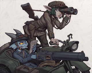anthro armor binoculars blue_body blue_eyes breasts cigarette clothing duo eyebrows eyelashes eyewear female goggles green_hair gun hair hat headgear headwear helmet humanoid_pointy_ears machine_gun male military military_uniform motorcycle paper pointy_ears ranged_weapon sidecar soldier uniform vehicle warrior weapon yellow_sclera goobone elf humanoid kobold scalie 2026 5:4 hi_res