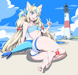 barefoot beach blonde_hair blue_eyes blue_hair blush breasts butt clothed clothing feet female hair inner_ear_fluff lighthouse looking_at_viewer multicolored_hair open_mouth open_smile outside smile smiling_at_viewer soles solo tail tuft two_tone_hair yev-san sameko_saba_(vtuber) animal_humanoid felid felid_humanoid feline feline_humanoid humanoid mammal mammal_humanoid 2026 hi_res