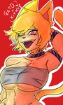anthro big_breasts blonde_hair breasts eyelashes female hair hand_behind_head pink_nose solo tail katokittercats chargabrielle_(katokittercats) domestic_cat felid feline felis mammal 3:5 hi_res tagme