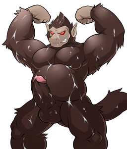 anthro balls biceps bodily_fluids brown_balls brown_body brown_fur cum erection flexing fur genital_fluids genitals humanoid_genitalia humanoid_penis male musclegut muscular muscular_anthro muscular_male nude pecs penis red_eyes simple_background solo wet white_background maldu dragon_ball dragon_ball_z haplorhine mammal monkey oozaru primate absurd_res hi_res