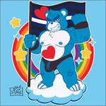 5_fingers anthro blue_body blue_fur bulge clothing cloud feet fingers flag flag_(object) flexing fur grin heart_symbol holding_flag holding_object kink_pride_colors leather_daddy leather_pride_colors lgbt_pride looking_at_viewer male pecs pride_color_flag pride_colors rainbow rainbow_arch smile solo star underwear white_body zipper_underwear principe_usagi care_bears bear mammal 1:1 2023 colorful_theme