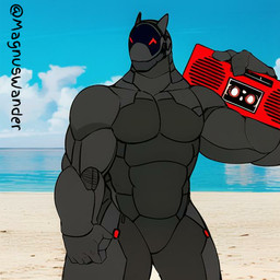 ^_^ anthro beach black_body eyes_closed machine male nude outside seaside smile solo synthetic magnuswander android robot synth_(vader-san) 1:1 colored signature