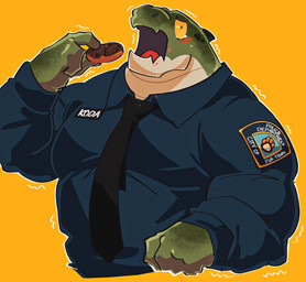 amber_eyes anthro big_muscles black_necktie blue_clothing blue_shirt blue_topwear bodily_fluids clothed clothed_anthro clothed_male clothing crying flesh_fang food furrowed_eyebrows green_body green_skin head_ridge holding_food holding_object male muscular muscular_anthro muscular_male name_tag necktie open_mouth orange_background red_tongue rosy_cheeks sad shaking shirt simple_background snout solo tan_body tan_skin tears text tongue tongue_showing topwear tremble_spikes trembling teseirei koda_(teseirei) crocodilian reptile scalie 2026 digital_drawing_(artwork) digital_media_(artwork) half-length_portrait hi_res portrait