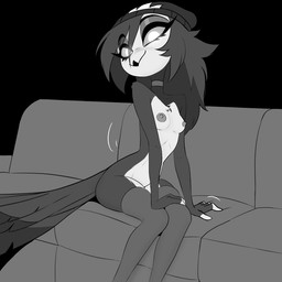 anthro beanie black_background blush breasts choker clothing feathers female furniture hair hat headgear headwear jewelry legwear long_hair looking_at_viewer necklace nipples simple_background sitting smile sofa solo tail tail_feathers thigh_highs haaru hellaverse helluva_boss octavia_(helluva_boss) owl_demon 1:1 greyscale monochrome