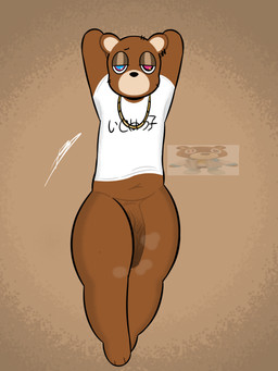 anthro chain chain_necklace ear_piercing genitals half_naked jewelry male narrowed_eyes necklace penis piercing simple_background simple_coloring solo thick_thighs vein veiny_penis yosoybonfie kanye_west dropout_bear bear mammal 3:4 absurd_res hi_res shaded simple_shading