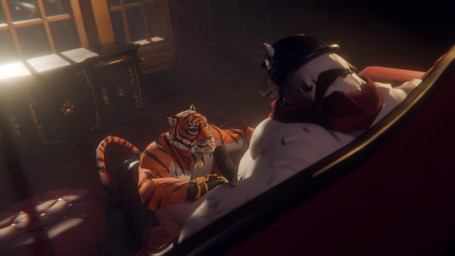 anthro bodily_fluids bottomwear clothing cum duo genital_fluids imminent_fellatio imminent_oral imminent_sex male male/male musclegut muscular nude pants teasing ryothehuskyy epic_games fortnite oscar_(fortnite) polar_patroller bear felid mammal pantherine polar_bear tiger ursine 16:9 widescreen