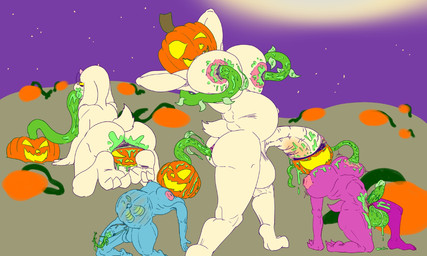 anal anal_penetration anthro anus balls big_balls big_penis blue_body butt female food for_a_head fruit genitals green_slime gynomorph horn huge_balls huge_penis inflated_belly intersex jack-o'-lantern kneeling male night nipple_fetish nipple_penetration nipple_play nipples nude nude_gynomorph nude_male oral penetration penis plant possession pumpkin pumpkin_head pumpkin_patch purple_body sex tail tentacle_sex tentacles urethral urethral_penetration vines white_body likasomboody deltarune undertale_(series) kris_dreemurr ralsei susie_(deltarune) toriel bovid caprine goat human mammal object_head reptile scalie 5:3 hi_res