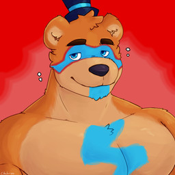 anthro clothing fur hat headgear headwear makeup male muscular orange_body orange_fur simple_background solo top_hat chalaren five_nights_at_freddy's five_nights_at_freddy's:_security_breach scottgames steel_wool_studios glamrock_freddy bear mammal hi_res