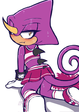 all_fours ambiguous_gender anthro back_spikes back_spines blush blush_lines bodily_fluids cheerleader cheerleader_outfit clothing curled_tail curling_tail embarrassed gloves handwear horn looking_at_viewer looking_back purple_body purple_skin solo spikes spikes_(anatomy) sweat sweatdrop tail white_clothing white_gloves white_handwear white_sclera yellow_eyes faburin sega sonic_the_hedgehog_(series) espio_the_chameleon chameleon lizard reptile scalie hi_res male_(lore)