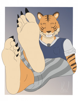 5_toes anthro barefoot black_claws black_nose black_striped_fur black_stripes blue_clothing blue_topwear blue_vest border bottomwear claws clothing countershade_feet countershade_fur countershading eyes_closed feet foot_focus fur gradient_background grey_bottomwear grey_clothing grey_pants grey_striped_pants humanoid_feet male orange_body orange_fur pants pattern_bottomwear pattern_clothing pattern_pants plantigrade round_ears sharp_teeth shirt simple_background smile smiling_at_another smiling_at_partner soles solo striped_body striped_bottomwear striped_clothing striped_fur striped_pants stripes teeth teeth_showing toes topwear vest whiskers white_border white_clothing white_shirt white_topwear alraio beastars bill_(beastars) bengal_tiger felid mammal pantherine tiger 2023 hi_res