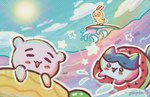 ambiguous_gender anthro blue_body cloud cotton_tail eyes_closed food fruit group lens_flare melon pineapple plant pool_float smile splashing_water star sun surfboard surfing trio water watermelon wave white_body yellojellow chiikawa chiikawa_(character) hachiware_(chiikawa) usagi_(chiikawa) bear cricetid domestic_cat felid feline felis fish hamster lagomorph leporid mammal marine rabbit rodent halftone hi_res watermark