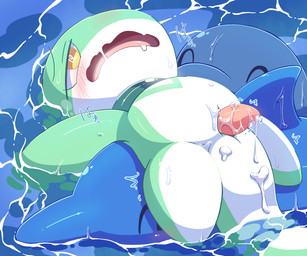 anthro belly blue_body bodily_fluids chibi cum detailed_background feral genital_fluids genitals green_body group half-closed_eyes lying male narrowed_eyes on_back open_mouth partially_submerged penis water white_belly yellow_eyes nettsuu aquatic cetacean dolphin mammal oceanic_dolphin toothed_whale 6:5